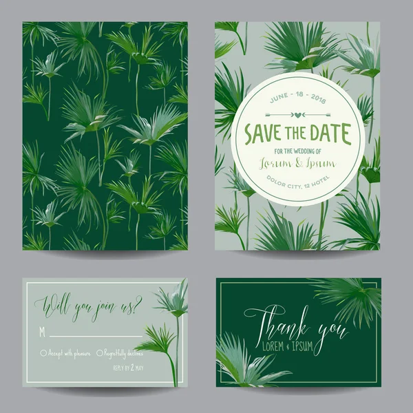 Salvare la data Card. Foglie di palme tropicali. Invito al matrimonio Card. RSVP. Vettore — Vettoriale Stock