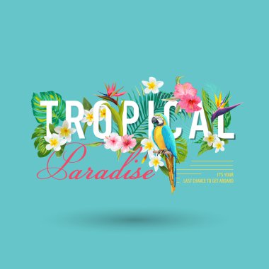 Tropik kuş ve çiçek grafik tasarım - t-shirt, moda, için baskılar - vektör