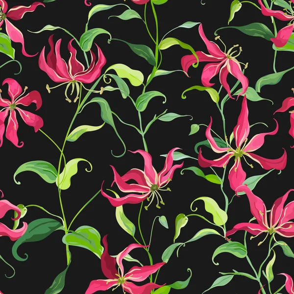 Tropiska löv och blommor - Fire Lily blommor - sömlösa bakgrundsmönster i Vector — Stock vektor