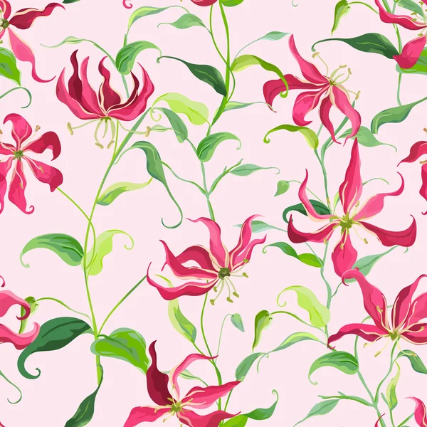 Tropiska löv och blommor - Fire Lily blommor - sömlösa bakgrundsmönster i Vector — Stock vektor