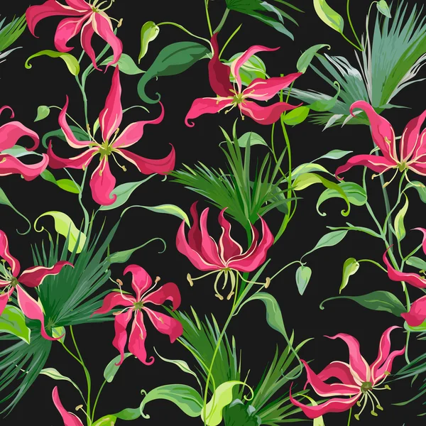 热带树叶和花朵背景。在向量中的无缝模式 — 图库矢量图片