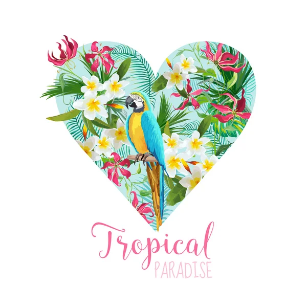 Floral Heart Graphic Design - Flores tropicales y pájaro loro - para camiseta, moda, estampados - en vector — Vector de stock