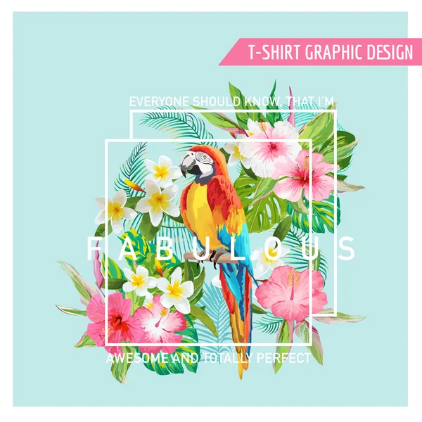 Diseño Gráfico Floral - Flores Tropicales y Pájaro - para camiseta, moda, estampados - en vector — Archivo Imágenes Vectoriales