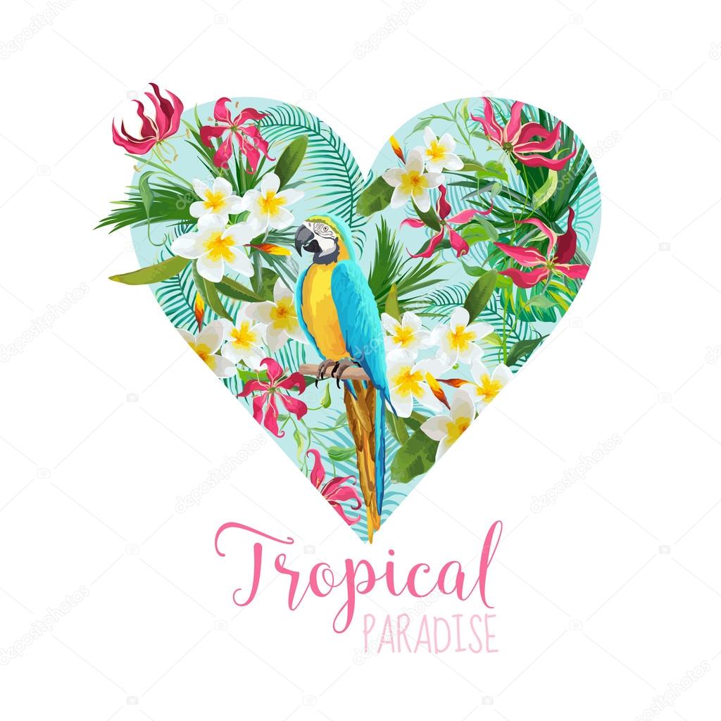 Cuore disegno grafico floreale fiori tropicali e uccello del pappagallo per t shirt