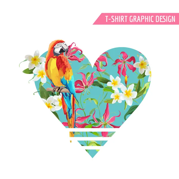 Tropical Flowers and Leaves, Parrot Bird Graphic Design (en inglés). Camiseta estampados de moda. Fondo vectorial . — Archivo Imágenes Vectoriales