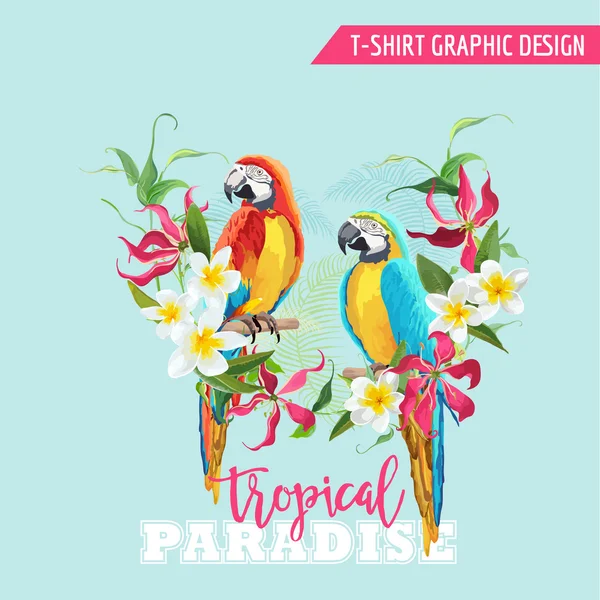 熱帯のグラフィック デザイン。オウム鳥と熱帯の花々。T シャツ ファッションを印刷します。ベクトルの背景. — ストックベクタ
