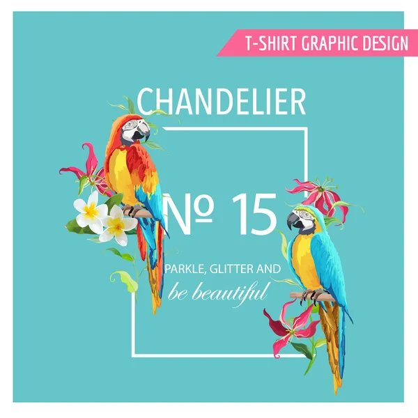 Tropische bladeren, bloemen en Parrot vogels achtergrond. Grafische T-shirt Design in Vector — Stockvector