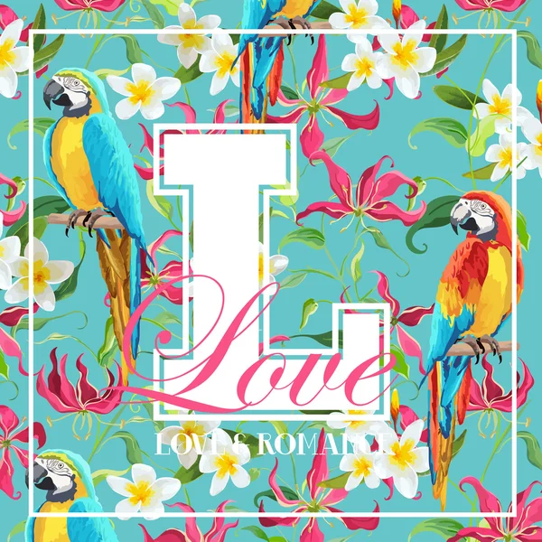 Vintage Tropical Leaves, Flowers and Parrot Bird Graphic Design - pour T-shirt, Mode, Impression - en vectoriel — Image vectorielle