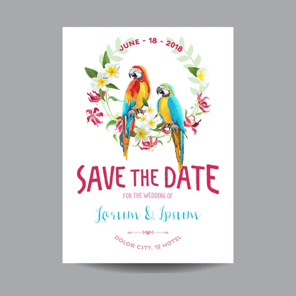 Save the Date. Wedding Card.  Tropical Flowers and Parrot Bird. Vector Floral Background. — Stock Vector