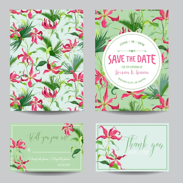 Guarde la tarjeta de fecha. Tropical Flowers and Leaves. Tarjeta de invitación de boda. RSVP. Vector — Archivo Imágenes Vectoriales