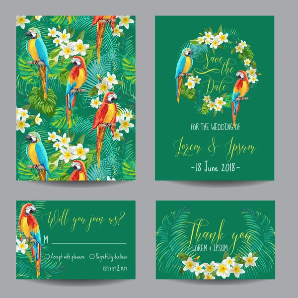Spara datumet kortet - tropiska blommor och fåglar - för bröllop, inbjudan, Party - i vector — Stock vektor