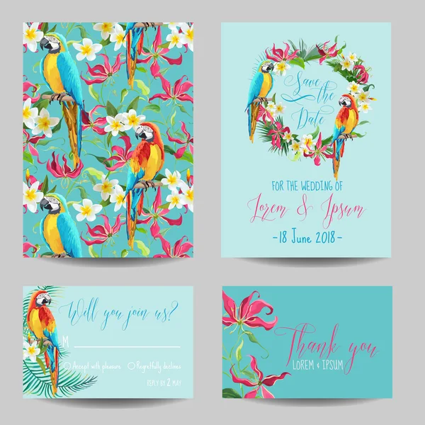 Guardar la tarjeta de fecha - Flores tropicales y aves - para la boda, Invitación, Fiesta - en vector — Vector de stock