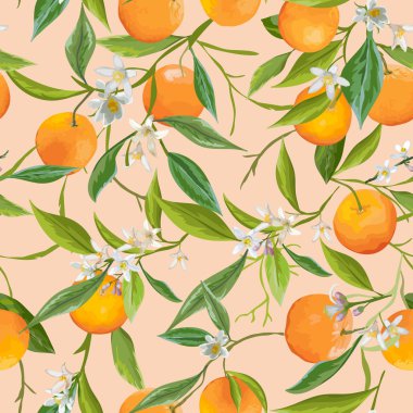 Kusursuz desen. Turuncu Meyveler Arkaplanı. Çiçek deseni. Çiçekler, Yapraklar, Turuncu Arkaplan. Vektör Arkaplanı. 