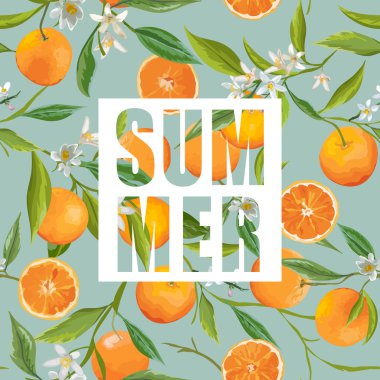 Kusursuz desen. Turuncu Meyveler Arkaplanı. Çiçek deseni. Çiçekler, Yapraklar, Meyveler. Vektör