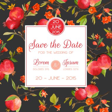 Tarih, Davet, Tebrik Kartı kaydet - Düğün, Baby Shower için - Nar, Çiçek ve Yapraklar - vektör