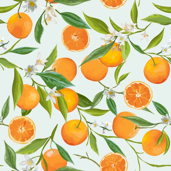 Zökkenőmentes minta. Narancs gyümölcs háttér. Virágmintás. Virágok, levelek, gyümölcsök háttere. Vektor — Stock Vector