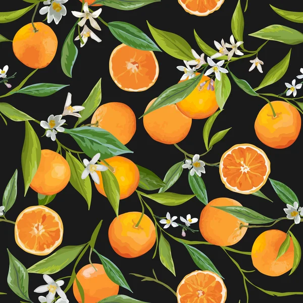 Naadloos patroon. Orange Fruits Achtergrond. Bloemenpatroon. Bloemen, bladeren, vruchten Achtergrond. Vector — Stockvector