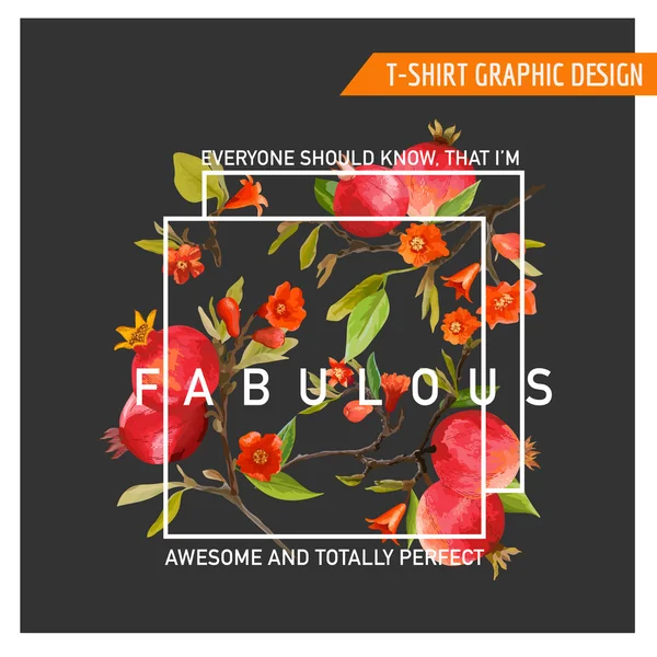 Floral Graphic Design. Pomegranate Background. T-shirt Fashion Print. Vector Card. — Stock Vector