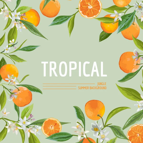 Laranja, Flores e Folhas. Bandeira tropical gráfica exótica. Fundo do quadro vetorial . — Vetor de Stock