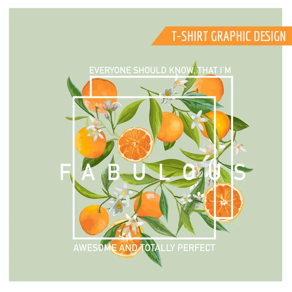 Florales Grafikdesign. Orange Hintergrund. T-Shirt Mode-Print. Vektorkarte. — Stockvektor