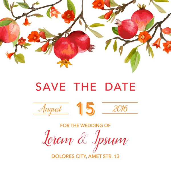 Wedding Invitation Card - with Pomegranates and Flowers Background - Save the Date - in vector — Stock Vector