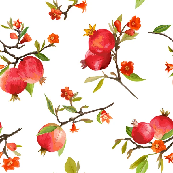 Seamless Pattern. Pomegranate Tropical Background. Floral Pattern. Flowers, Leaves, Fruits. Vector — Stock Vector