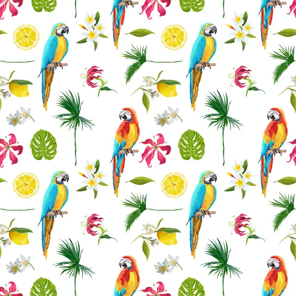 Tropische achtergrond. Bird Parrot. Tropische bloemen. Naadloze patroon. Vector — Stockvector