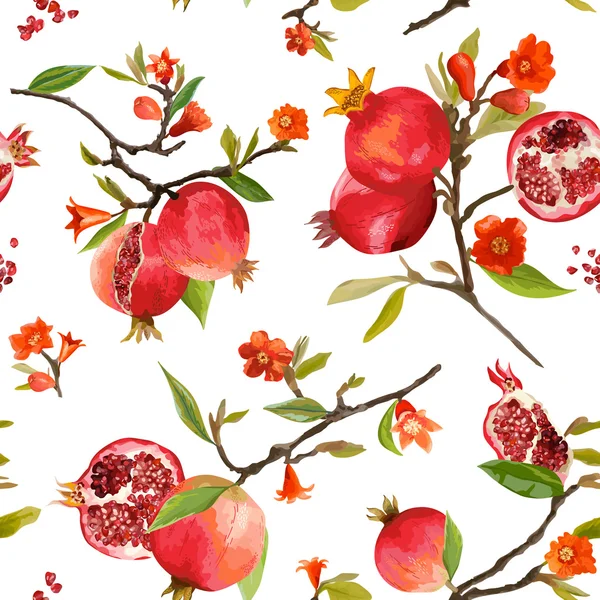 Seamless Pattern. Pomegranate Tropical Background. Floral Pattern. Flowers, Leaves, Fruits. Vector — Stock Vector