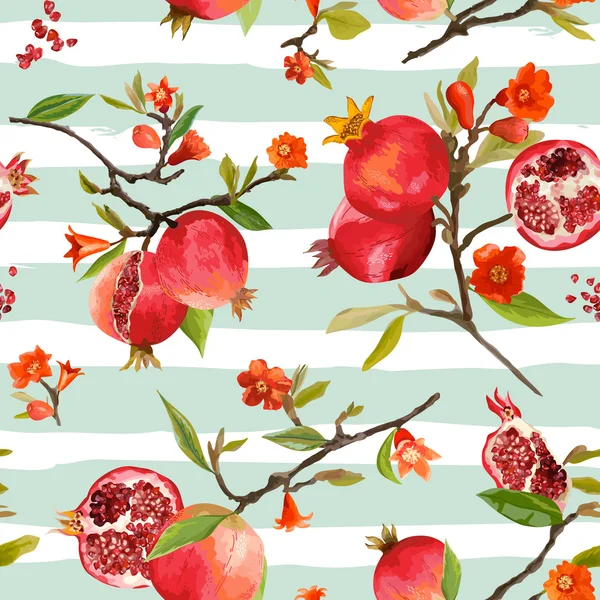 완벽 한 패턴입니다. 석류 열 대 배경입니다. 꽃 패턴입니다. 꽃, 잎, 과일입니다. 벡터 — 스톡 벡터