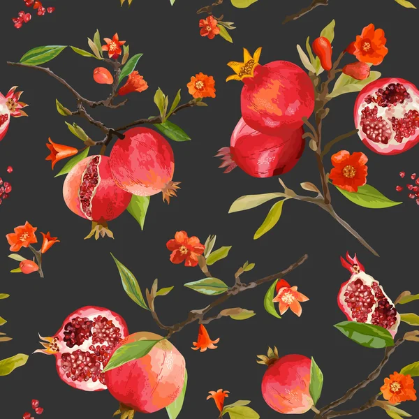 완벽 한 패턴입니다. 석류 열 대 배경입니다. 꽃 패턴입니다. 꽃, 잎, 과일입니다. 벡터 — 스톡 벡터