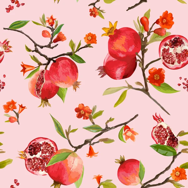 Seamless Pattern. Pomegranate Tropical Background. Floral Pattern. Flowers, Leaves, Fruits. Vector — Stock Vector