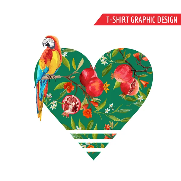 Vintage Pomegranates, Flowers and Parrot Birds in Watercolor Style. T-shirt Graphic Design in Vector — Stock Vector