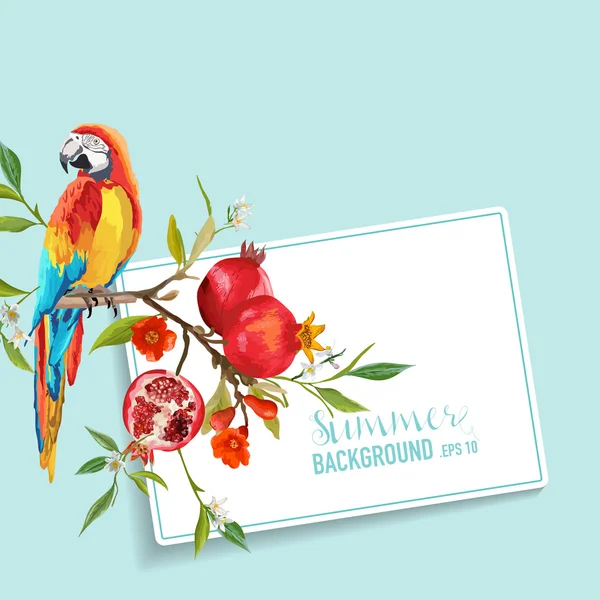 Tropische bloemen, granaatappels en Parrot vogel grafisch ontwerp. Uitnodiging bruiloft. Vector kaart. — Stockvector