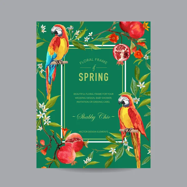 Tropický papoušek ptáků, granátová jablka a barevné květiny rámec - za pozvání, svatba, Baby sprcha karty - ve vektoru — Stockový vektor