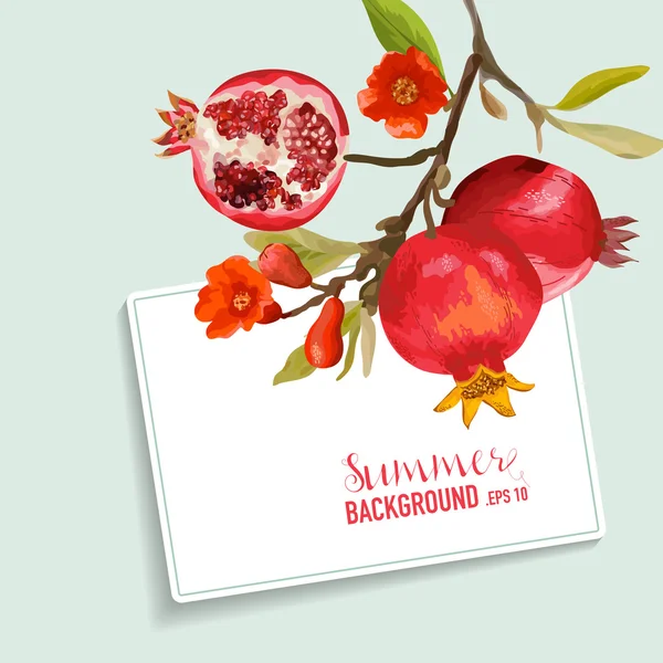Granatäpfel und Blumen Karte. Frucht-Hintergrund. Hochzeitseinladung Vektorkarte. — Stockvektor