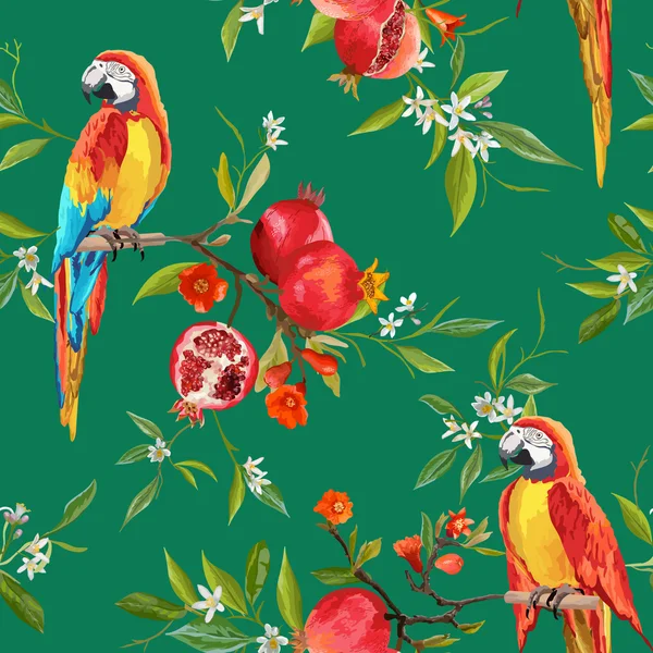 Trópusi virágok, gránátalma és a papagáj madarak háttér - Vintage Seamless Pattern - vektor — Stock Vector