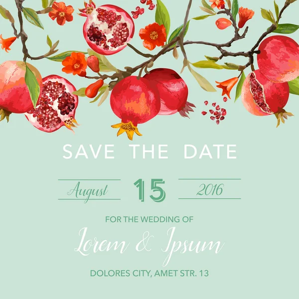 Uitnodigingskaart - met granaatappels en bloemen achtergrond - Save the Date - bruiloft in vector — Stockvector