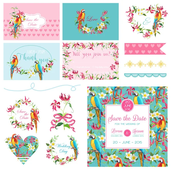 Scrapbook Elementos de Design. Wedding Tropical Flowers and Parrot Bird Set. Etiquetas de verão. Ilustração vetorial . — Vetor de Stock