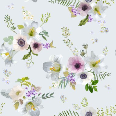 Vintage Lily ve anemon çiçeği çiçek arka plan - Dikişsiz desen vektör yaz