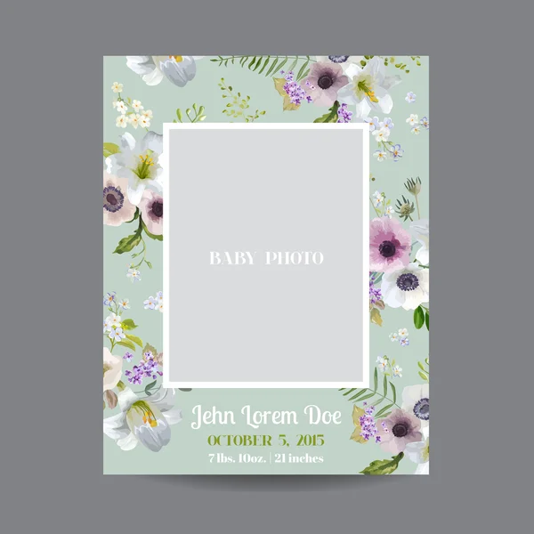 Baby Sosire sau Card de duș - cu cadru foto și design vintage Lily Blossom - în vector — Vector de stoc
