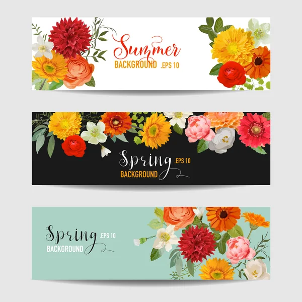 Summer Floral Banners and Tags Set - Watercolor Flowers - in vector — Stock Vector