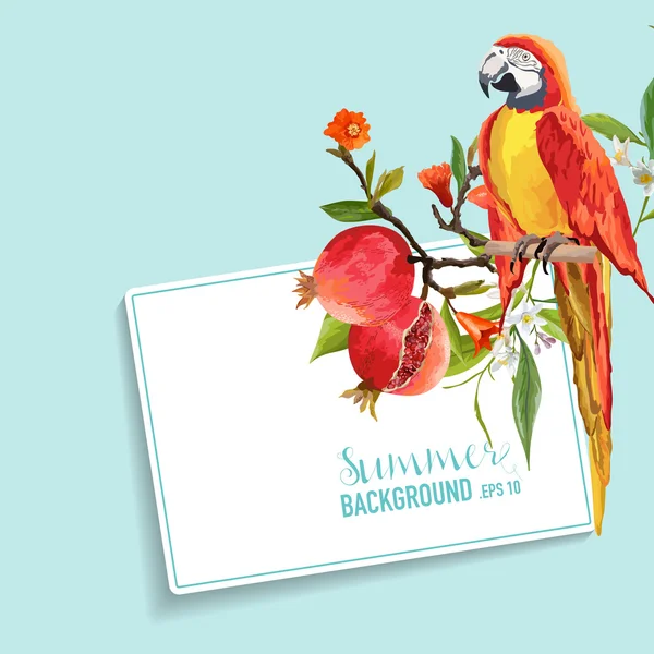 Tropische bloemen, granaatappels en Parrot vogel grafisch ontwerp. Uitnodiging bruiloft. Vector kaart. — Stockvector