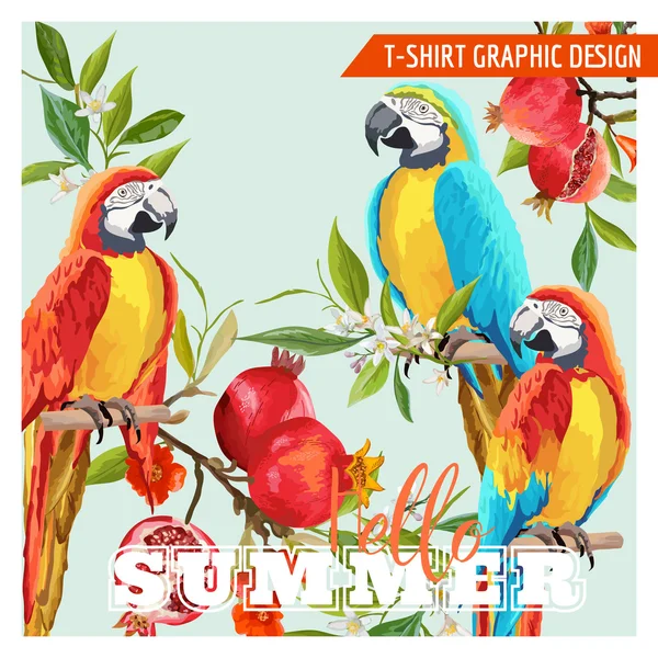 Design Gráfico Tropical. Papagaio Pássaros, Romãs e Flores Tropicais. T-shirt Fashion Prints. Contexto do vetor . — Vetor de Stock