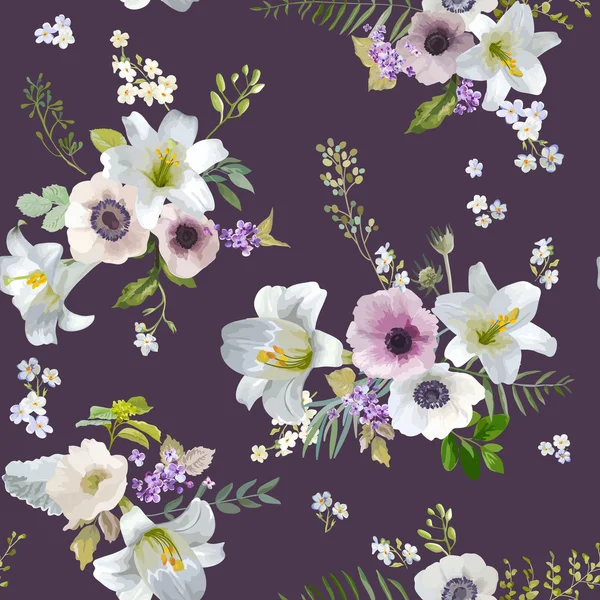 Vintage Lily and Anemone Flowers Background - Summer Seamless Pattern in Vector - Stok Vektor