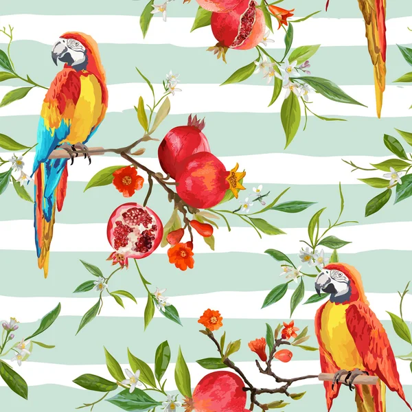 热带花卉、 石榴和鹦鹉鸟背景-老式无缝模式-在矢量 — 图库矢量图片