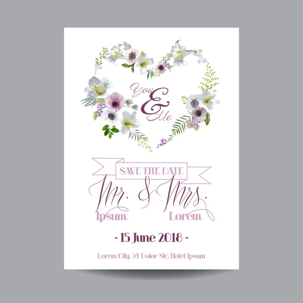 Salve o cartão de casamento de data. Lily e Anemone Flowers. Coroa floral vetorial — Vetor de Stock