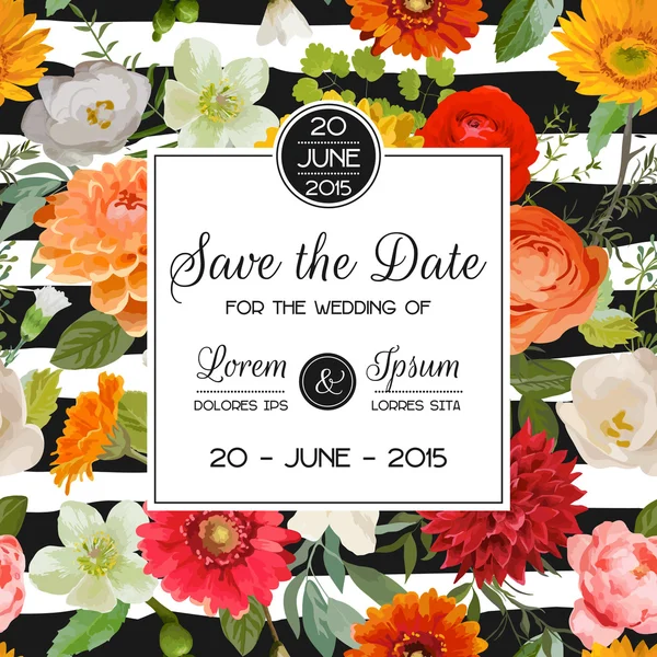 Enregistrez la carte de mariage Date. Fleurs d'été et d'automne. Cadre floral vectoriel — Image vectorielle
