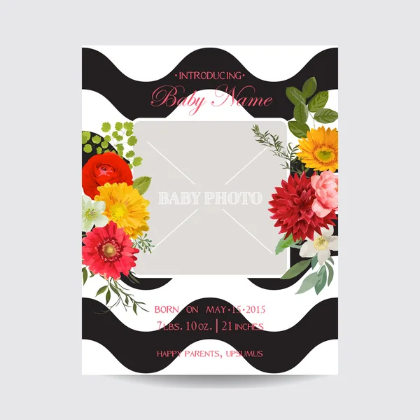 Baby Arrival o Shower Card - con Cornice Foto e Design Vintage Blossom - in vettore — Vettoriale Stock