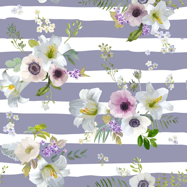 Vintage Lily and Anemone Flowers Background - Summer Seamless Pattern in Vector — Stock Vector