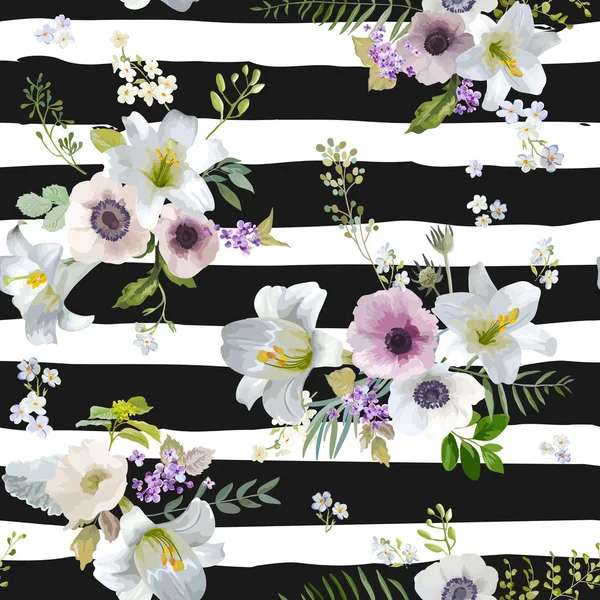 Vintage Lily et Anémone Fleurs Arrière-plan - Modèle sans couture d'été dans Vector — Image vectorielle